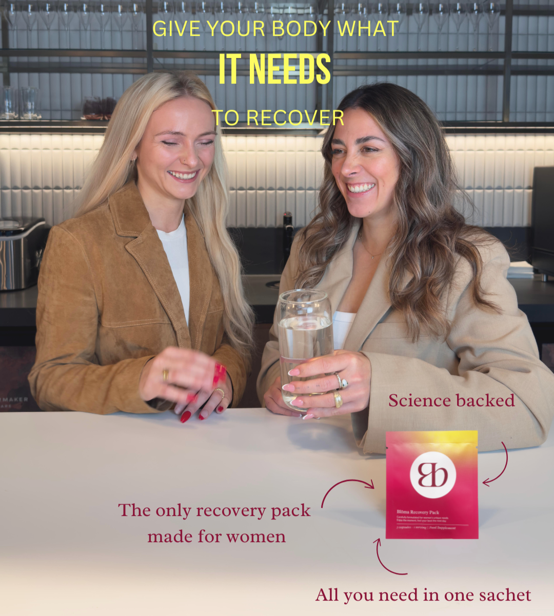 Two women smiling at a counter holding Blōma Recovery Pack and a glass of water, with text highlighting its science-backed, women-focused benefits.