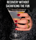 Close-up hand with red nails holding a martini with lemon twist, “recovery without sacrificing the fun.”