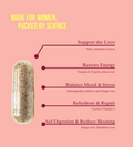 Visual breakdown of a Blōma capsule showing how ingredients support the liver, restore energy, balance mood and stress, rehydrate, and reduce bloating – featuring NAC, taurine, maca, ashwagandha, and ginger root