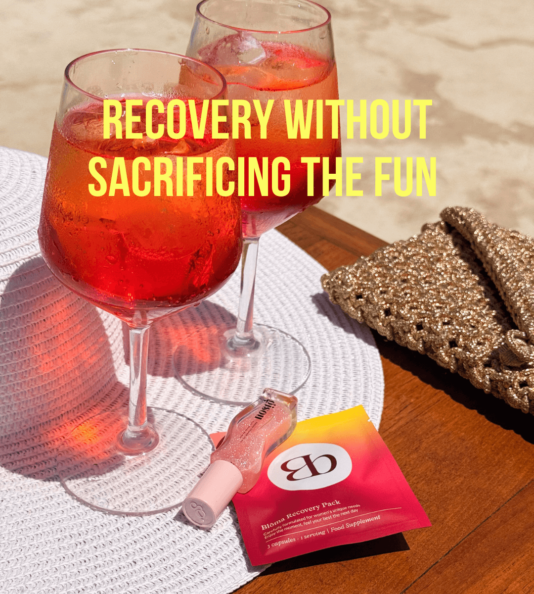 Two Aperol spritzes on a sunlit table next to a Blōma recovery sachet and lip gloss, with the text “Recovery Without Sacrificing the Fun” – capturing carefree summer wellness vibes