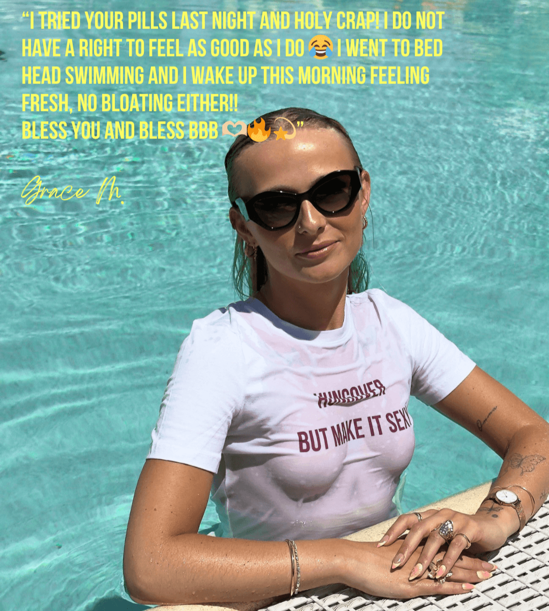 Woman in wet t-shirt reading “Hungover But Make It Sexy” leaning on the pool edge with rings and sunglasses, alongside a glowing testimonial praising Blōma's recovery effects